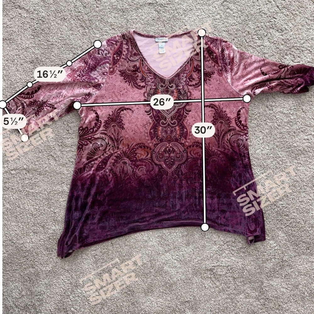 Catherines Boho Paisley Tunic Top Velour Rhinestone Purple Plus 1X Ombre Gypsy - Picture 2 of 6